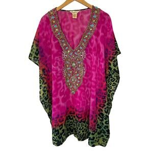 Lucky & Coco Boho Leopard Pink Jeweled Beaded Short Kaftan Tunic Coverup Small